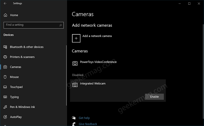 Enable Camera in Windows 10 using Settings app