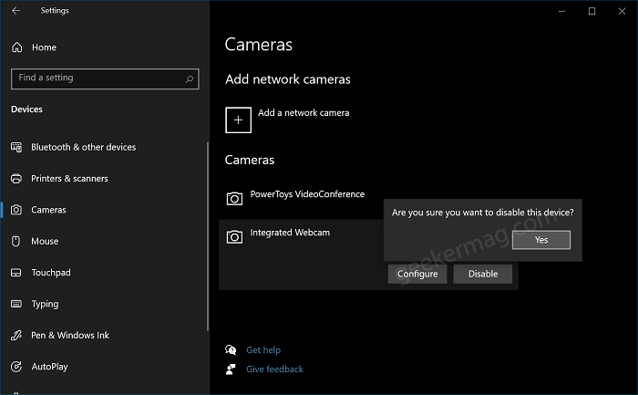 Disable Camera in Windows 10 using Settings app