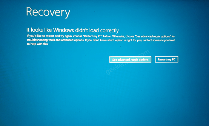 Windows 10 recovery screen