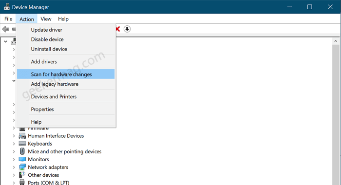 scan for hardware changes in device manger in Windows 10