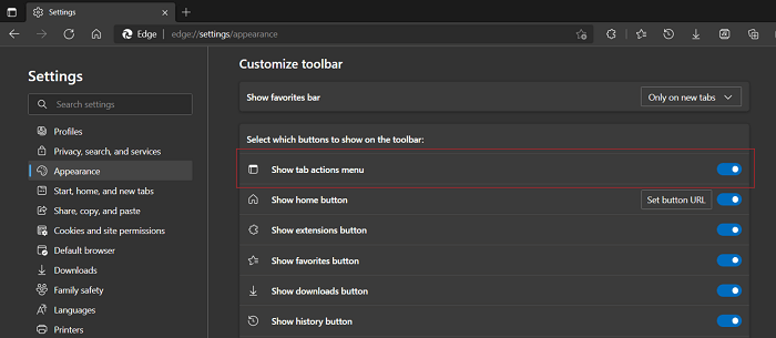 Show tab actions menu option in edge appearance settings