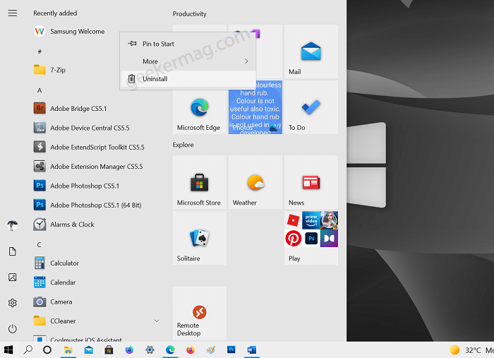 Uninstall apps from Start menu in Windows 10