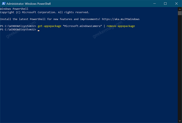 uninstall camera app windows powershell