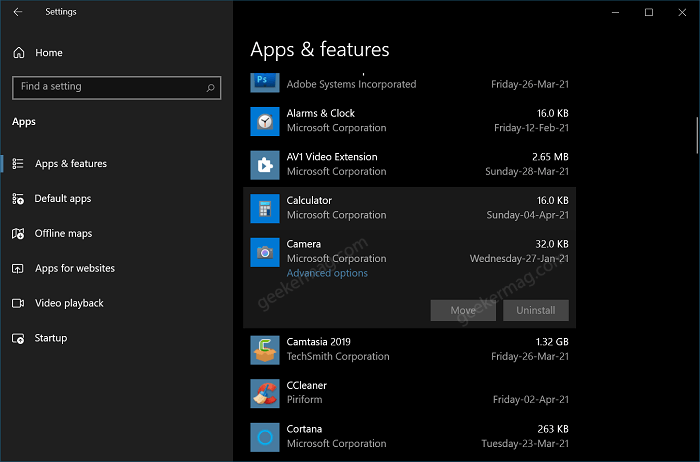 can't uninstall camera app windows 10