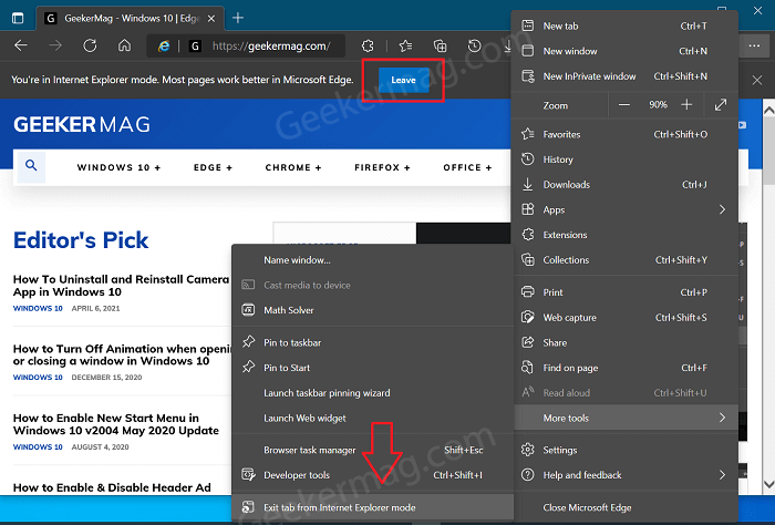 Exit tab from Internet Explorer mode in Microsoft Edge