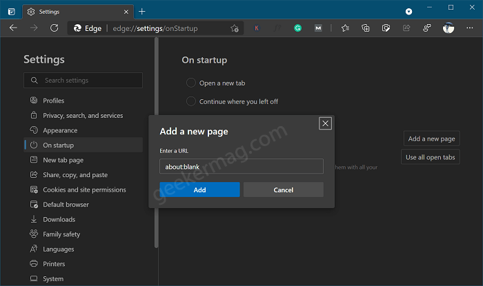 Add a blank url to new tab page