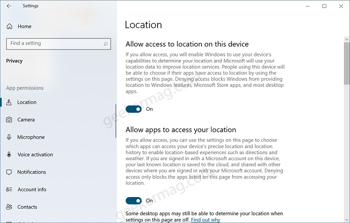 Allow access to location on this device." and "Allow apps to access your location