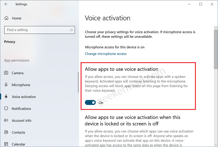 Allow app to use voice activation - Cortana privacy settings