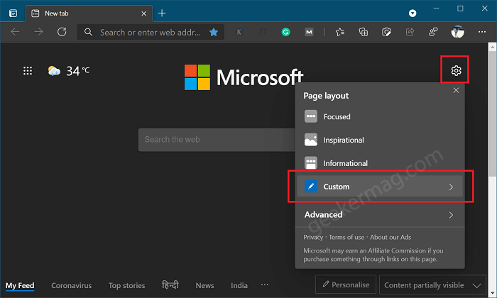 Custom layout option microsoft edge 