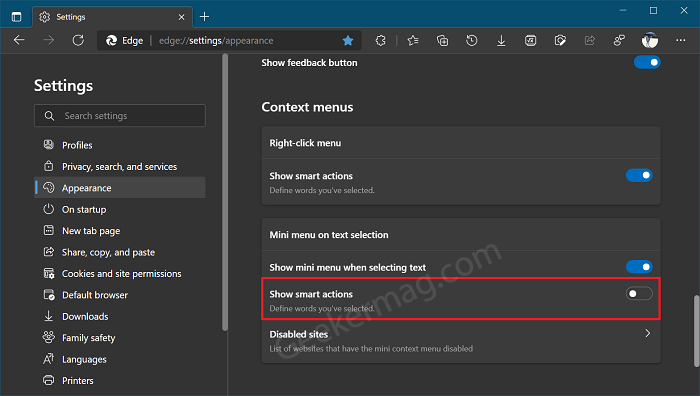 Disable Define option in Mini menu in microsoft Edge