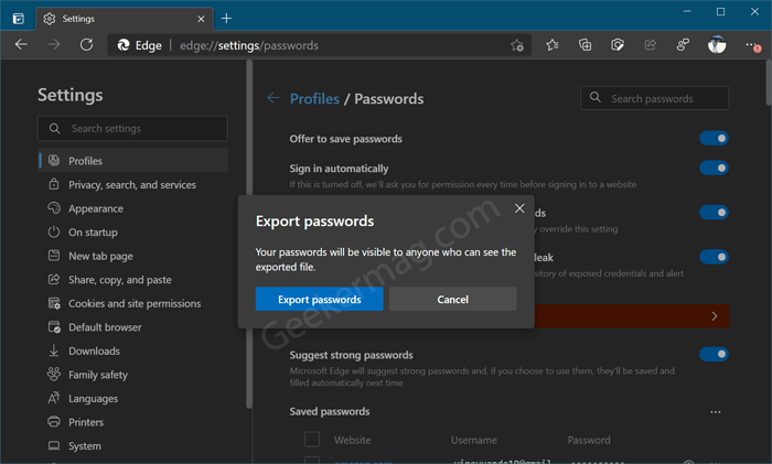 Export password dialog in windows 10