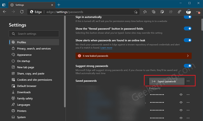 Export Password option in Microsoft Edge