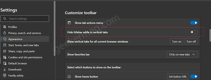 Hide titlebar while in vertical tabs in Microsoft 