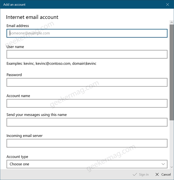 Internet email account details in windows 10 mail app