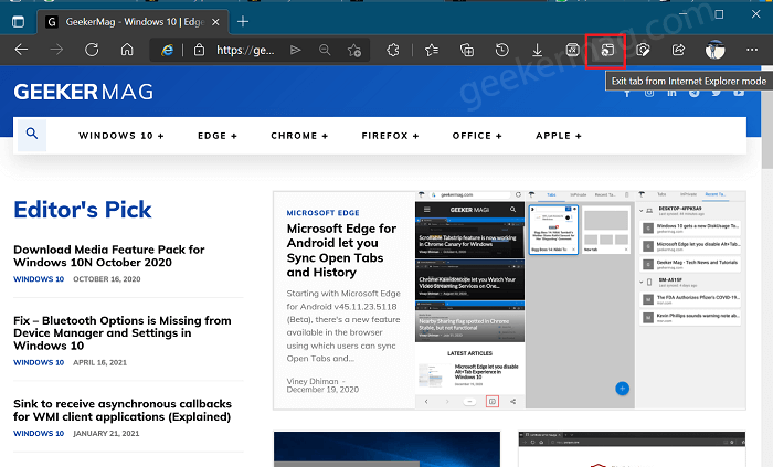 Exit tab from internet explorer mode button in edge toolbar