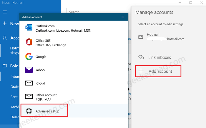 Advanced setup in windows 10 mail app