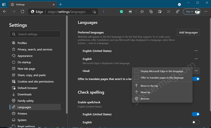 manage language in Microsoft Edge