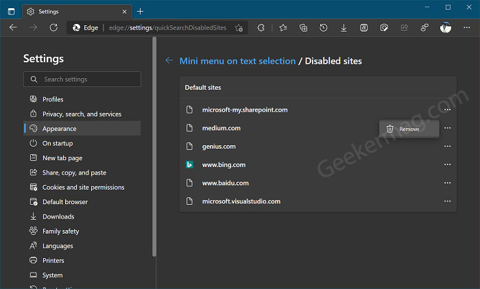 Manage Disabled Sites for Mini menu in Microsoft Edge 