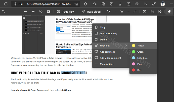 Mini menu for pdf document in microsoft edge