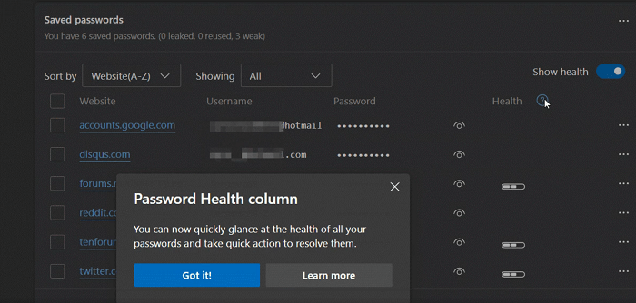 password health column