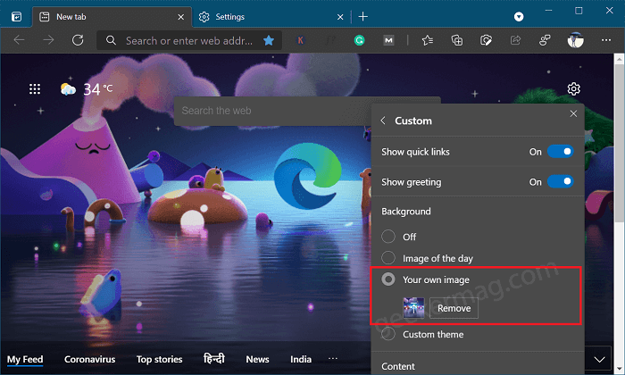Remove custom image from Edge browser
