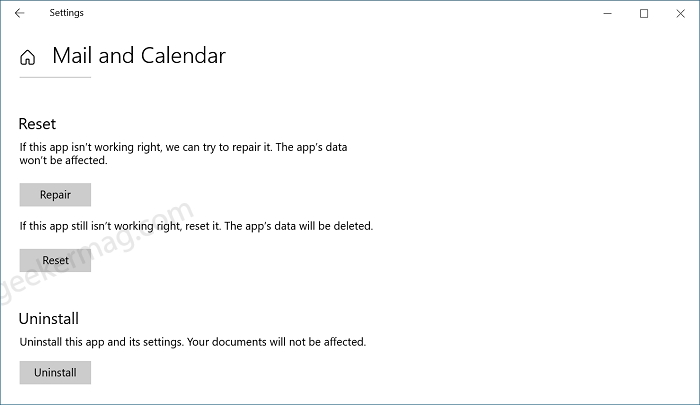 Reset Mail app in windows 10