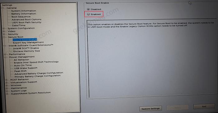 Enable secure boot in dell bios