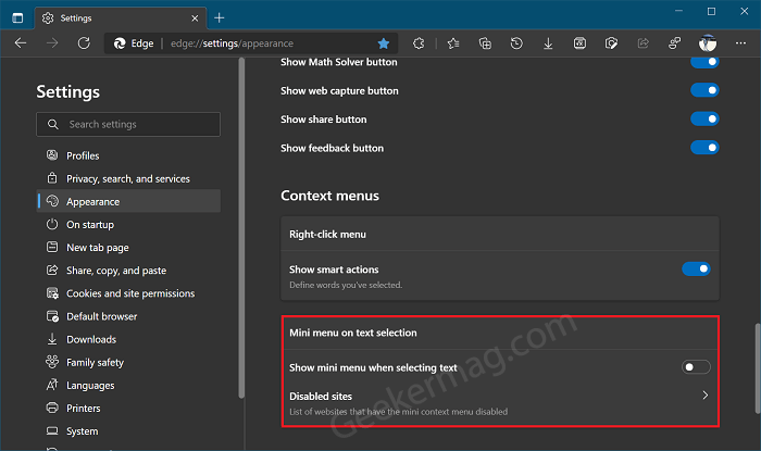 Show mini menu when selecting text option in Microsoft Edge