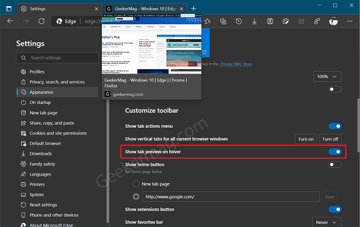 Show tab preview on hover option in Microsoft edge