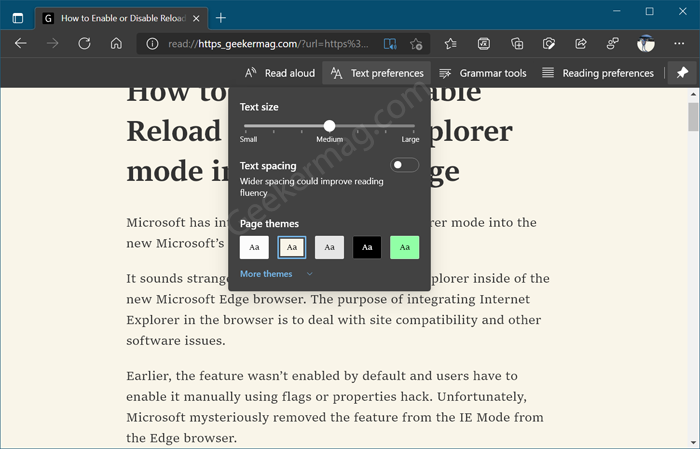 Use text preference in edge immersive reader