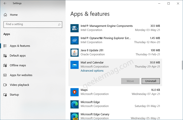 Uninstall Mail and Calendar app in windows 10