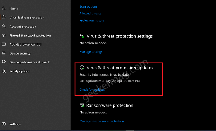 Virus and threat protection updated in windows 10 defender