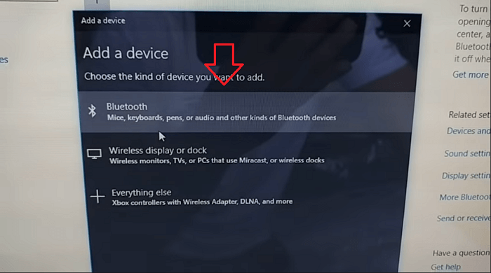 select bluetooth device in windows 10 