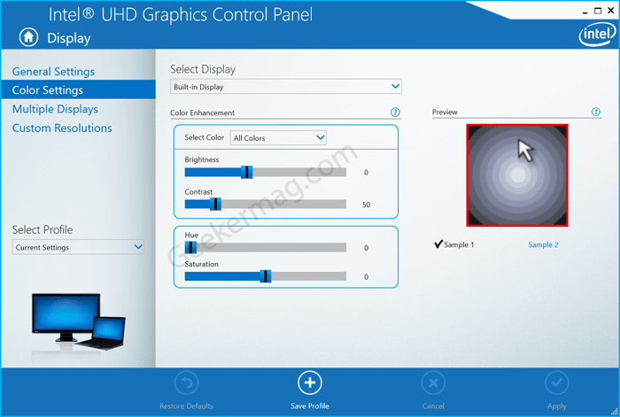 increase brightness using Intel control panel