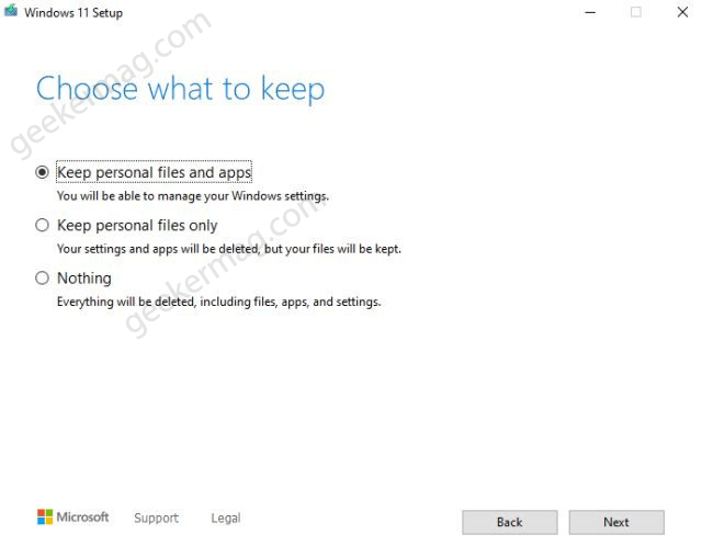 Choose what to keep in windows 11 installation