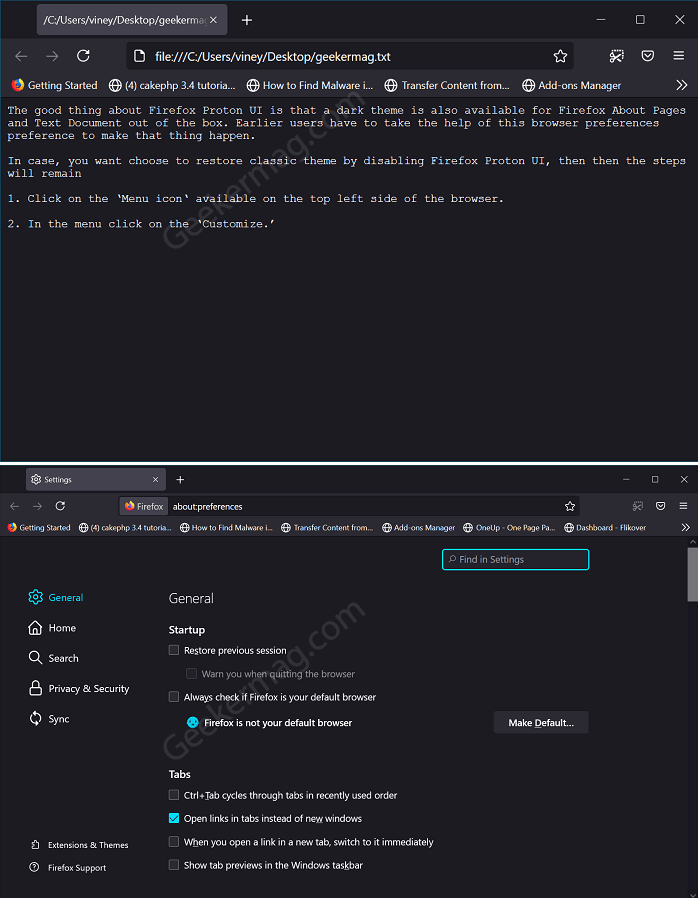 dark mode for text document and about page in firefox proton