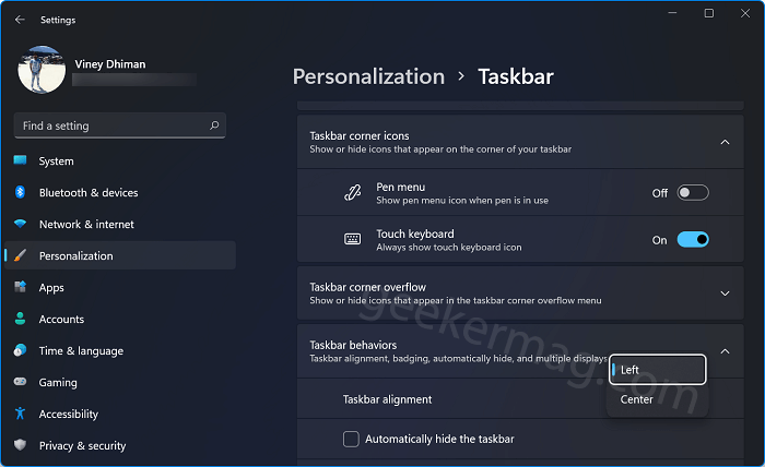 taskbar alignment windows 11