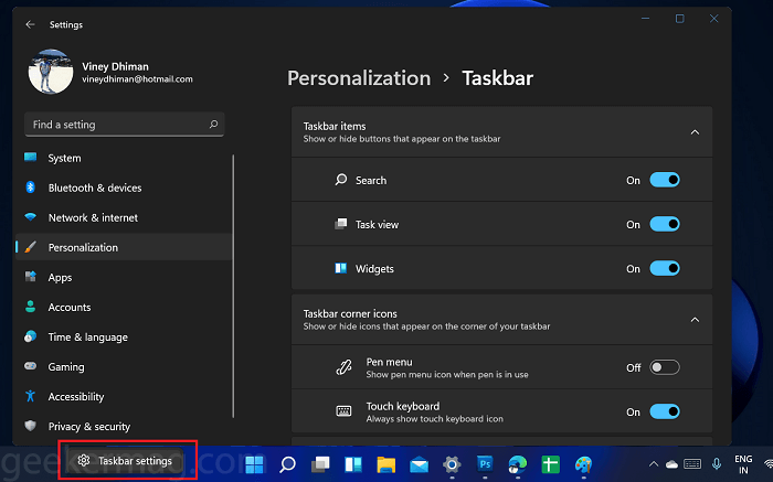 directly open taskbar settings in windows 11