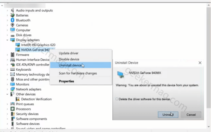 Uninstall Nvidia graphic from Windows 10 using device manager