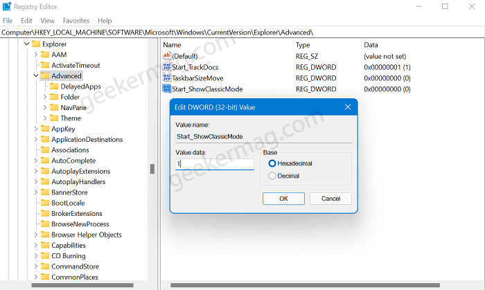 Set value data of Start Sho classic mode to 1