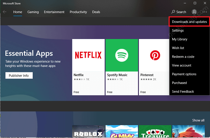downloads and updates option in microsoft store