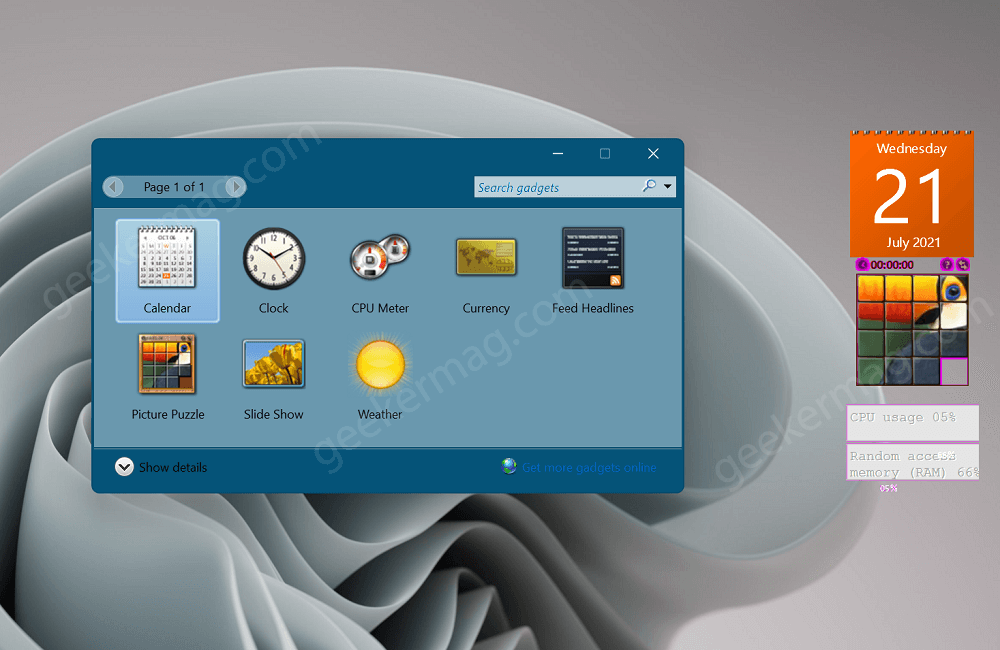 add clock gadget to desktop windows 10