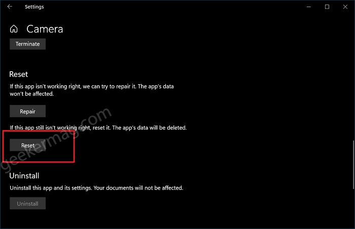 Reset Camera app in Windows 10