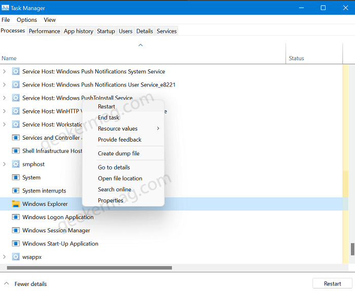 Restart Windows Explorer from Taskbar Manager in windows 11