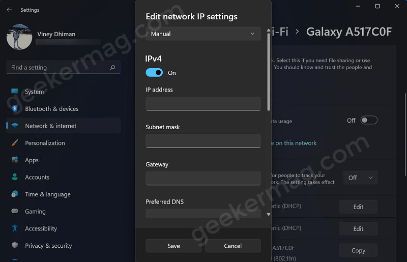 Change IP Settings using Settings app