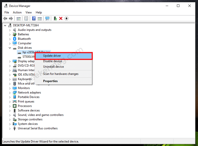 Update disk drive driver in windows 10