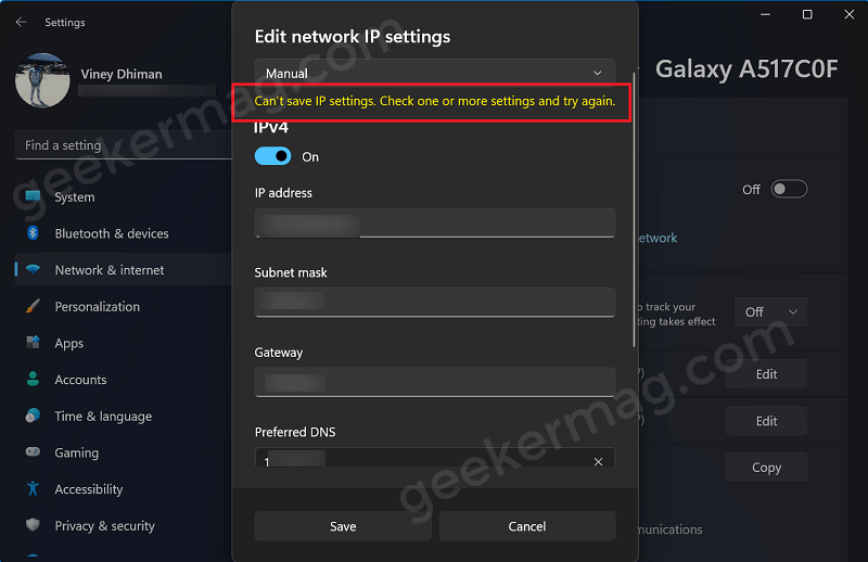 cannot save ip settings windows 11