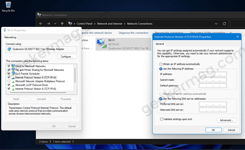 Change IP Settings using control panel