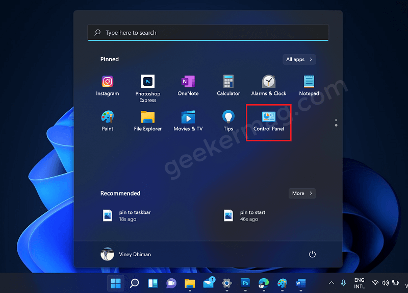 Pin control panel to start in Windows 11