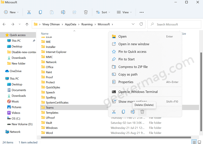 delete teams folder windows 11